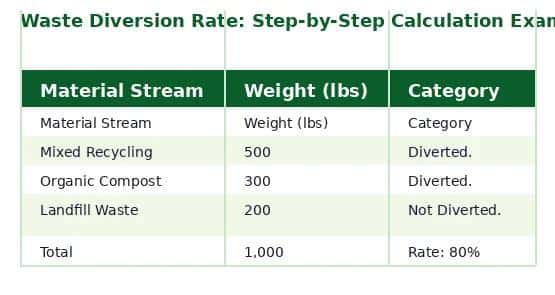 Step-by-step waste diversion rate calculation table: Mixed Recycling 500 lbs diverted, Organic Compost 300 lbs diverted, Landfill Waste 200 lbs not diverted, resulting in 80% diversion rate