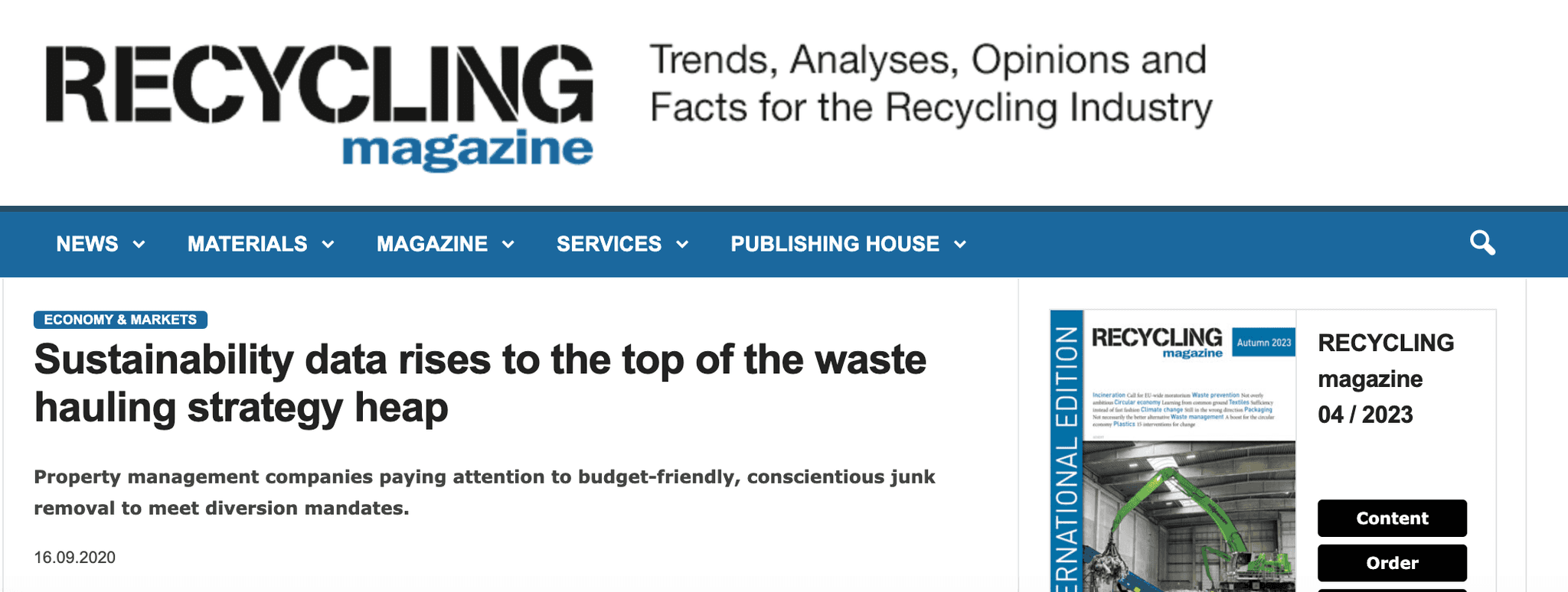 Recycling Magazine: Sustainability data rises to the top of the waste hauling strategy heap