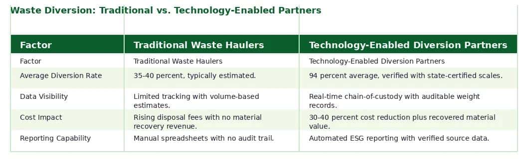 Comparison table: Traditional Waste Haulers vs. Technology-Enabled Diversion Partners across diversion rate, data visibility, cost impact, and reporting capability