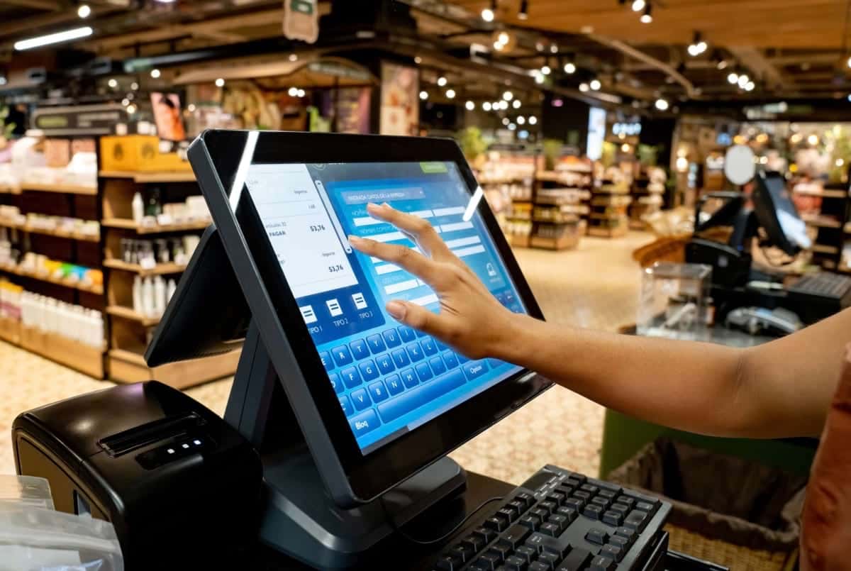 Close up on a cashier registering products at a store using a touchscreen point of sale system